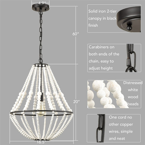 Rustic Wood Beaded Chandelier Distressed Off-White Finish